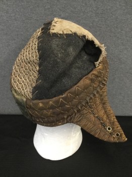Mens, Historical Fiction Hat , MTO, Brown, Black, Tan Brown, Leather, Cotton, Patchwork, S, Leather Cap, Padded Quilted Band, Leather Criss Cross Lacing Detail, Triangular Ear Flaps with Grommet, Patchwork Crown, Aged and Crunchy, Hole Between Tan and Black Fabrics
