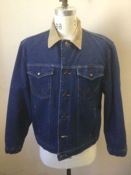 WRANGLER, Denim Blue, Beige, Cotton, Solid, Medium Blue Denim, Beige Corduroy Collar Attached, Long Sleeves, Button Front, 4 Pockets, Tan Top Stitching, Lining is Gray with Dark Gray & Red Stripes Acrylic