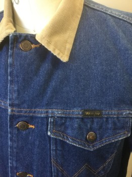 WRANGLER, Denim Blue, Beige, Cotton, Solid, Medium Blue Denim, Beige Corduroy Collar Attached, Long Sleeves, Button Front, 4 Pockets, Tan Top Stitching, Lining is Gray with Dark Gray & Red Stripes Acrylic
