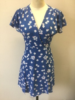 FRENCH CONNECTION, Blue, White, Multi-color, Polyester, Elastane, Floral, Cerulean Blue with White Flowers with Fuchsia Accents, Crepe, Wrapped V-neck, Gathered at Shoulder Seams, Wrapped Look Skirt, Hem Above Knee, Self Ties at Waist