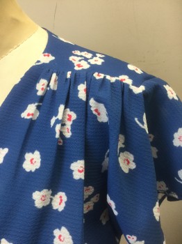 FRENCH CONNECTION, Blue, White, Multi-color, Polyester, Elastane, Floral, Cerulean Blue with White Flowers with Fuchsia Accents, Crepe, Wrapped V-neck, Gathered at Shoulder Seams, Wrapped Look Skirt, Hem Above Knee, Self Ties at Waist