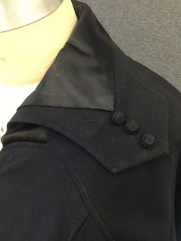 Womens, Jacket 1890s-1910s, MTO, Black, Wool, Silk, Solid, B42, Wide Collar w/Black Satin and Button Detail. Hook & Eye Closure Front Upper & 2 Large Covered Buttons at Dropped Waist. Silk Insert Detail at Cuff with 4 Small Buttons. 12 Covered Button Design Detail at Side Left with Embroidery See Detail Photo, Back Gathered to Wide Waistband  Upper. Small Sun Damage on Left Side of Satin Collar, Small Holes on Left Shoulder Back See Detail Photo,