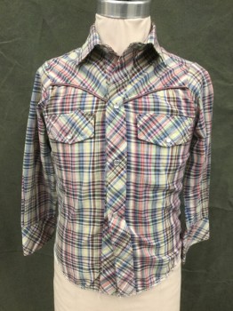 KM KOUNTRY, Pink, Mint Green, Dk Green, Yellow, Blue, Polyester, Cotton, Plaid, Snap Front, Collar Attached, Western Yoke with Dark Mauve Piping, 2 Flap Pockets, Long Sleeves, Snap Cuff