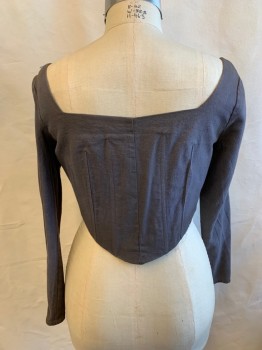 Womens, Historical Fiction Bodice, MTO, Warm Gray, Dk Gray, Cotton, Polyester, (Aged/distressed) Sweetheart Neck, Shinny Self Vertical Dark Gray Stripes Lining, Dirty Light Pink Lacing Up Front Center, Long Sleeves,