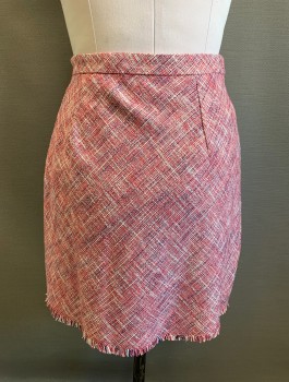 BANANA REPUBLIC, Red, White, Navy Blue, Cotton, Acrylic, Speckled, 2 Color Weave, Multicolor Coarse Weave, Faux Wrap Skirt with Frayed Edges, 1" Wide Self Waistband, Invisible Zipper at Side