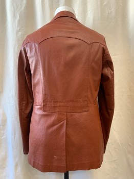 Mens, Leather Jacket, NEUSA, Dk Umber Brn, Faux Leather, Solid, M, Ch 38, Button Front, Pointy Collar Attached, Notched Lapel, 2 Side Pockets, 2 Chest Patch Flap Pockets with X Detail, Western Back Yoke, Back Waist Panel, Center Back Vent *stain Front Left Lower, Scratched Back Lower Near Vent, Missing 3 Buttons*