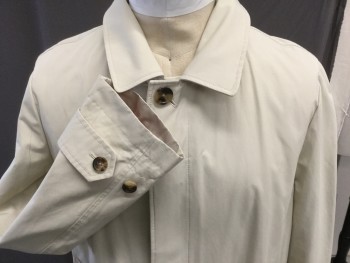 BROOOKS BROS. , Cream, Polyamide, Cotton, Solid, Flat Front,  Knee Length, Hidden Front Buttons 2 Pockets, Epaulet Cuffs, Tan/ Brown Tortise Shell Buttons, Single Vent