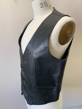 N/L, Black, Leather, Solid, Biker Vest, Snap Front, V-neck, Western Style Yoke, 2 Pockets