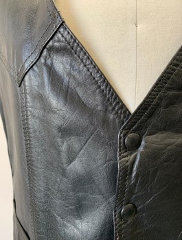 N/L, Black, Leather, Solid, Biker Vest, Snap Front, V-neck, Western Style Yoke, 2 Pockets