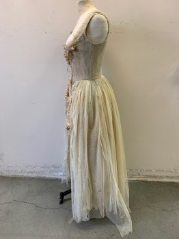 Womens, Historical Fiction Dress, MTO, Cream, Ecru, Beige, Polyester, Silk, Solid, Dots, W 26, B 32, Antiqued Tulle  Like Swiss Dot, Faded Faux Flowers with Pearl Centers, Lace Up Boned Bodice, Pleated Ruffle at Shoulders, Over Dress, Aged/Distressed,  1700s