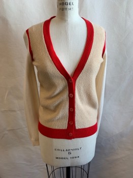 WOOLLY MINDED, Beige, Lt Beige, Red, Wool, Cashmere, Color Blocking, Red Down Front, By Shoulders, and Hem, Red Buttons Down Front, V-neck, Light Tan Long Sleeves