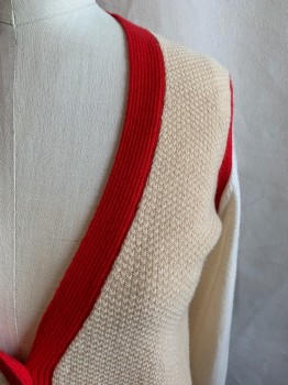WOOLLY MINDED, Beige, Lt Beige, Red, Wool, Cashmere, Color Blocking, Red Down Front, By Shoulders, and Hem, Red Buttons Down Front, V-neck, Light Tan Long Sleeves