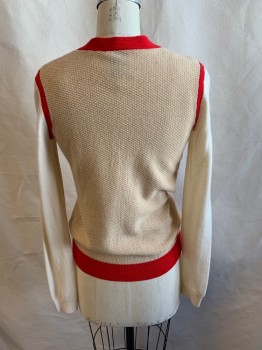 Womens, Sweater, WOOLLY MINDED, Beige, Lt Beige, Red, Wool, Cashmere, Color Blocking, S, Red Down Front, By Shoulders, and Hem, Red Buttons Down Front, V-neck, Light Tan Long Sleeves