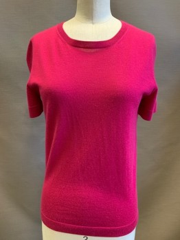 NEIMAN MARCUS, Hot Pink, Cashmere, Solid, Short Sleeves, Round Neck,