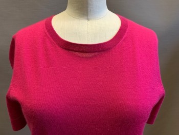 NEIMAN MARCUS, Hot Pink, Cashmere, Solid, Short Sleeves, Round Neck,