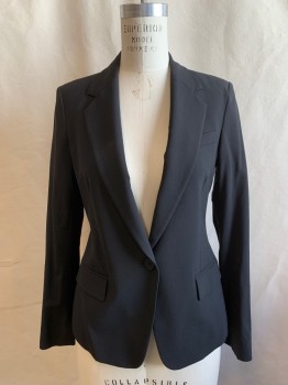 Womens, Blazer, THEORY, Black, Wool, Elastane, Solid, 10, Single Breasted, 1 Button, Collar Attached, Notched Lapel, 2 Flap Pockets