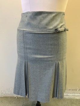 PHILIPPE ADEC, Gray, Wool, Lycra, Solid, Dropped Waist, Box Pleats at Hem, 1/2 Wide Band at Hips/Dropped Waist with Buckle, Invisible Zipper at Side