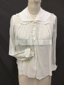 Womens, Blouse 1890s-1910s, MTO, White, Cotton, Solid, B 36, Sheer Cotton, Hook & Eye Front with Faux Crochet Ball Buttons, Waist Panel, Sailor Collar with Lace Trim and Abstract Embroidery, Gathered At Yoke, Long Sleeves with Rolled Up Cuff with Embroidery, Hook & Eye Cuff Closure, Gathered At Cuff,
