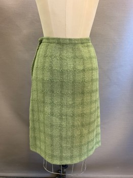 Womens, Skirt, DALTON, Green, White, Wool, Plaid, 2 Color Weave, W: 26, Side Zipper, Hem Below Knee