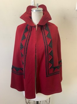 Womens, Cape 1890s-1910s, N/L, Red, Black, Wool, Silk, Color Blocking, Zig-Zag , N/S, Boiled Wool, Trio Top Stitch, Black Silk is Worn and Shredding See Detail Photo, High Collar, Hooks & Thread Loops, Victorian