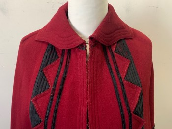 Womens, Cape 1890s-1910s, N/L, Red, Black, Wool, Silk, Color Blocking, Zig-Zag , N/S, Boiled Wool, Trio Top Stitch, Black Silk is Worn and Shredding See Detail Photo, High Collar, Hooks & Thread Loops, Victorian