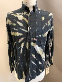 N/L, Green, Lt Gray, Tan Brown, Red, Black, Cotton, Plaid, Tie-dye, Long Sleeves, Button Front, Button Down Collar Attached, 1 Pocket, Faded Plaid with Black Tie-dye