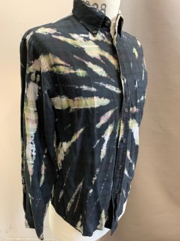 N/L, Green, Lt Gray, Tan Brown, Red, Black, Cotton, Plaid, Tie-dye, Long Sleeves, Button Front, Button Down Collar Attached, 1 Pocket, Faded Plaid with Black Tie-dye