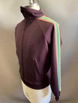 SASQUATCH FABRIC, Espresso Brown, Polyester, Solid, Raglan Sleeves With Contrasting Beige/Green/White Stripe, Zip Front, Stand Collar, 2 Zip Pockets