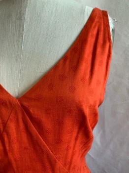 J. CREW, Orange, Cotton, Solid, V-neck, Side Zip, Basket Weave Dots, Drop Pleat Skirt, Attached Back Tie, 2 Pockets