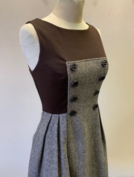 EVA FRANCO, Brown, White, Gold, Polyester, Rayon, Solid, 2 Color Weave, Top Torso is Solid Brown Jersey with Round Neck, Bottom is Dotted Brown/White with Gold Flecks, "Double Breasted" Panel at Bust with 2 Columns of Brown Buttons, A-Line Skirt, Hem Above Knee