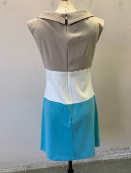 JUST TAYLOR, Beige, White, Aqua Blue, Polyester, Rayon, Color Blocking, Top is Beige, Middle is White, Bottom is Aqua, Jersey, Folded Cowl-Neck, Fitted, Knee Length, 2 Faux Pocket Flaps with Fabric Buttons at Hips, Invisible Zipper in Back, Mod Inspired 1960s Retro