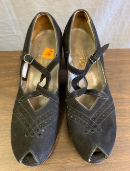Womens, Shoes, SCHMIDT'S, Black, Suede, Solid, 8.5, Pumps, Peep Toe, Small Square Cutouts and Embroidery, Looped Straps, 2" Heel