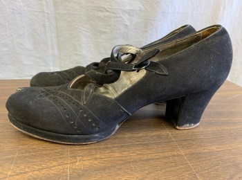 Womens, Shoes, SCHMIDT'S, Black, Suede, Solid, 8.5, Pumps, Peep Toe, Small Square Cutouts and Embroidery, Looped Straps, 2" Heel