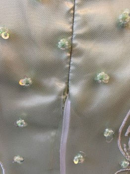 PRECIOUS FORMALS, Lt Green, Polyester, Strapless, Embroidered & Beaded Flowers & Vines on Mesh Over Lay, A-Line, Zip Back *Hole on End Side of Zipper