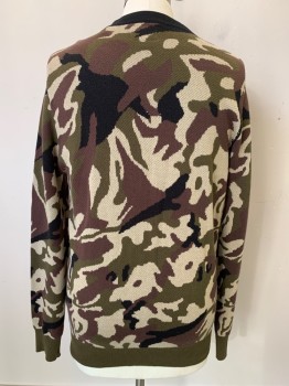 THIRD & ARMY, Olive Green, Beige, Brown, Black, Cotton, Camouflage, L/S, Button Front, V Neck, Top Pockets