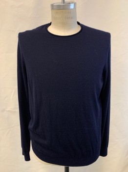 VINCE, Navy Blue, Wool, Cashmere, Solid, L/S, CN, With Rolled Edge