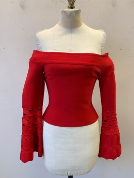 N/L, Red, Rayon, Nylon, Solid, Stretchy Rib Knit Bodycon Top, Long Sleeves Flared at Wrists with Zig Zagged Strips, Wide Off the Shoulder Neckline