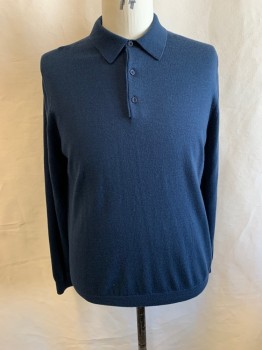 NORDSTROM, Navy Blue, Wool, Solid, 2 Color Weave, POLO, 3 Bttns, Dark Green Weave