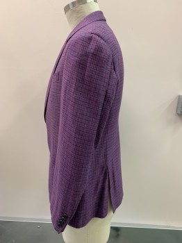 EMPORIO ARMANI, Lavender Purple, Turquoise Blue, Black, Viscose, Plaid, Single Breasted, Notched Lapel, 2 Buttons,  3 Pockets,