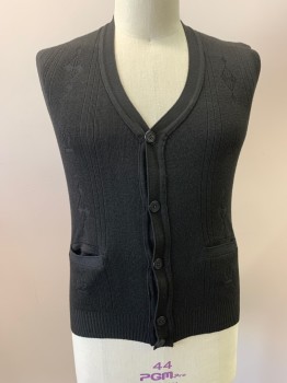 Mens, Sweater Vest, H.L, Black, Wool, L, V-N, Single Breasted, Button Front,