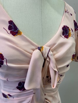CINQ A SEPT, Lt Pink, Purple, Goldenrod Yellow, Silk, Floral, Chiffon, Flutter Sleeves, V-Neck With 3 Dimensional Bow, Ruched At CF Waist, Ruffled High/Low Hem, Mid Calf Length