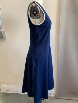 TORY BURCH, Navy Blue, Cotton, Elastane, Solid, Jersey Fabric, V-neck Front and Back, A-Line, White Trim, Knee Length, Slits at Sides Above the Hem