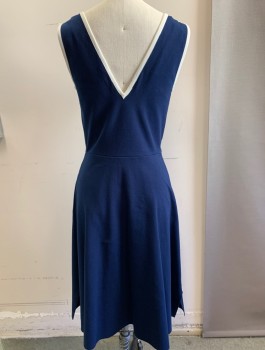 TORY BURCH, Navy Blue, Cotton, Elastane, Solid, Jersey Fabric, V-neck Front and Back, A-Line, White Trim, Knee Length, Slits at Sides Above the Hem