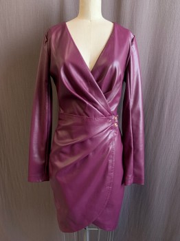 GUESS, Dk Purple, Polyurethane, Solid, Pleather, Surplice Pleated Top, Faux Wrap Pleated Skirt with 2 Gold Buttons, Back Zip, Long Sleeves