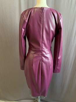 GUESS, Dk Purple, Polyurethane, Solid, Pleather, Surplice Pleated Top, Faux Wrap Pleated Skirt with 2 Gold Buttons, Back Zip, Long Sleeves