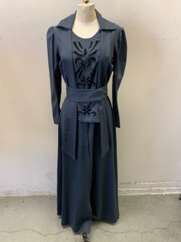 Womens, Dress 1890s-1910s, NL, Dk Gray, Synthetic, W: 27, B: 34, C.A., Round Neck, L/S, Black Abstract Embroidery Down Center Front, Hook & Eye Front, Belted Waist, 2 Flaps Under Belt, Floor Length Hem