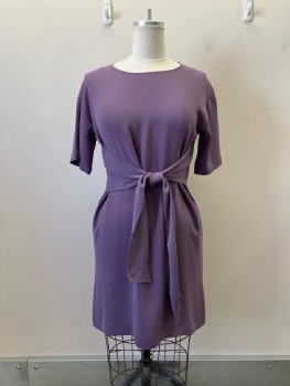 H&M, Mauve Purple, Polyester, Solid, Pull On, Sheath, Round Neck, Short Sleeves, Belt Attached,  Crepe Back Satin,