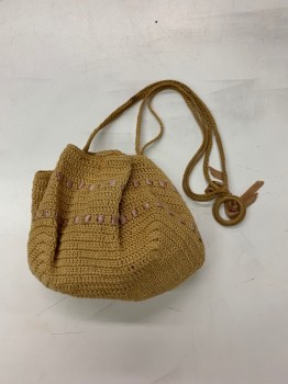 Womens, Purse 1890s-1910s, N/L, Tan Brown, Cotton, Solid, *Aged/Distressed* Braided, Beige Ribbon Interwoven,