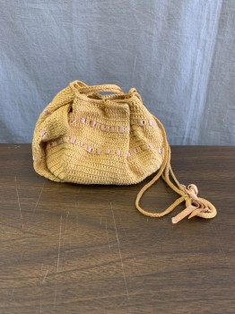 Womens, Purse 1890s-1910s, N/L, Tan Brown, Cotton, Solid, *Aged/Distressed* Braided, Beige Ribbon Interwoven,