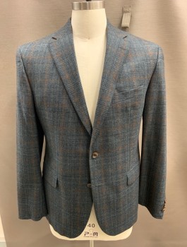PROSSIMO, Green, Navy Blue, Sienna Brown, Wool, Plaid, Single Breasted, 2 Buttons, 3 Pockets, Notched Lapel, Double Vent